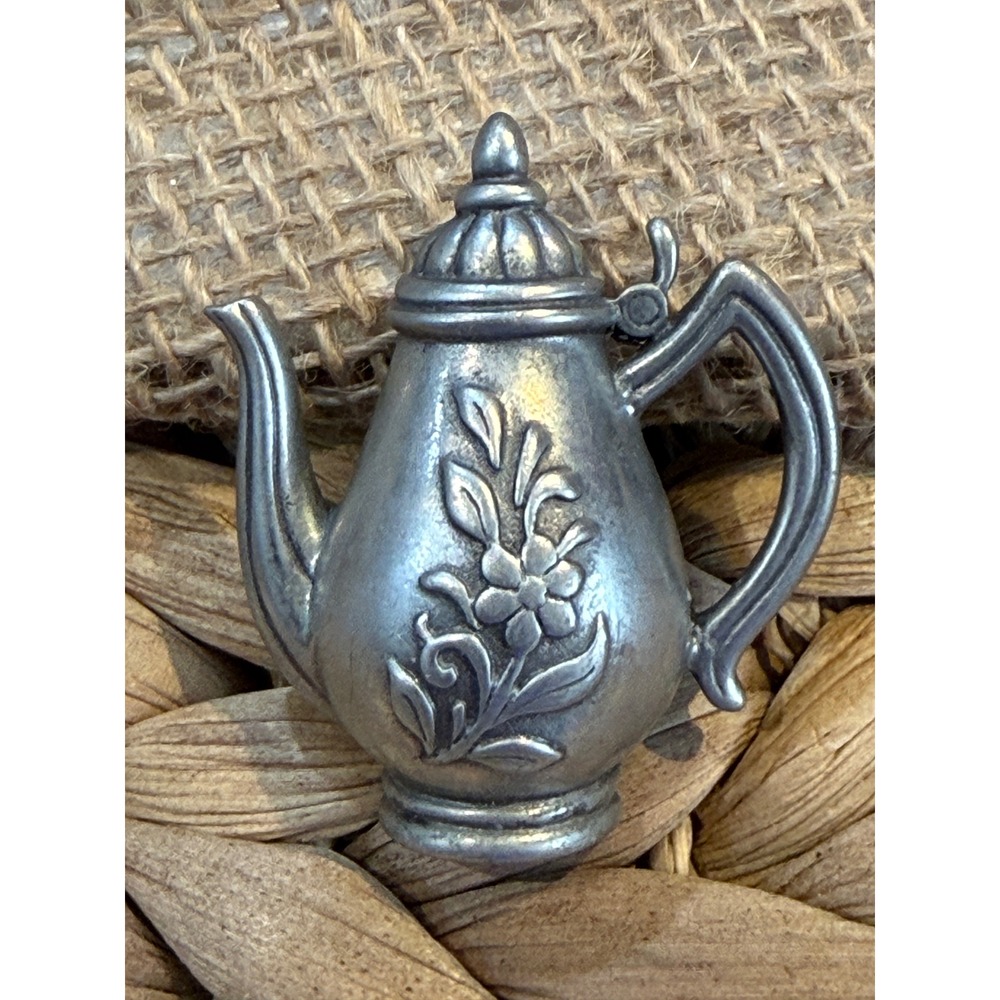 JJ Jonette Pewter Teapot Brooch Pin Vintage Silver Tone Floral Coffee Pot Signed